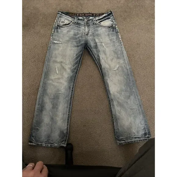 Rock Revival Jeans Mens Fenn 38 Relaxed Straight Blue Distressed